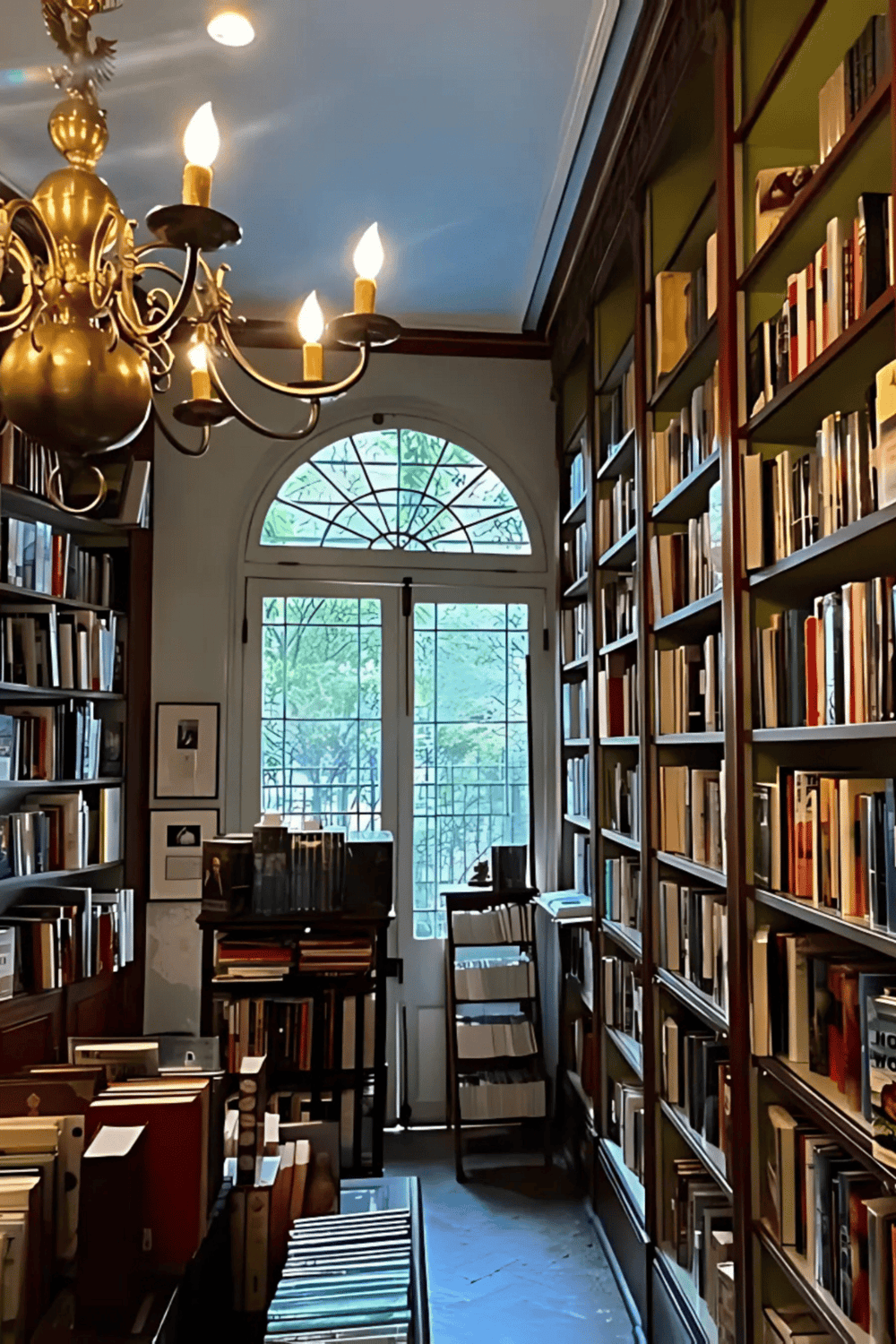 Ornate chandelier illuminating cozy library filled with books and large arched window with natural light.