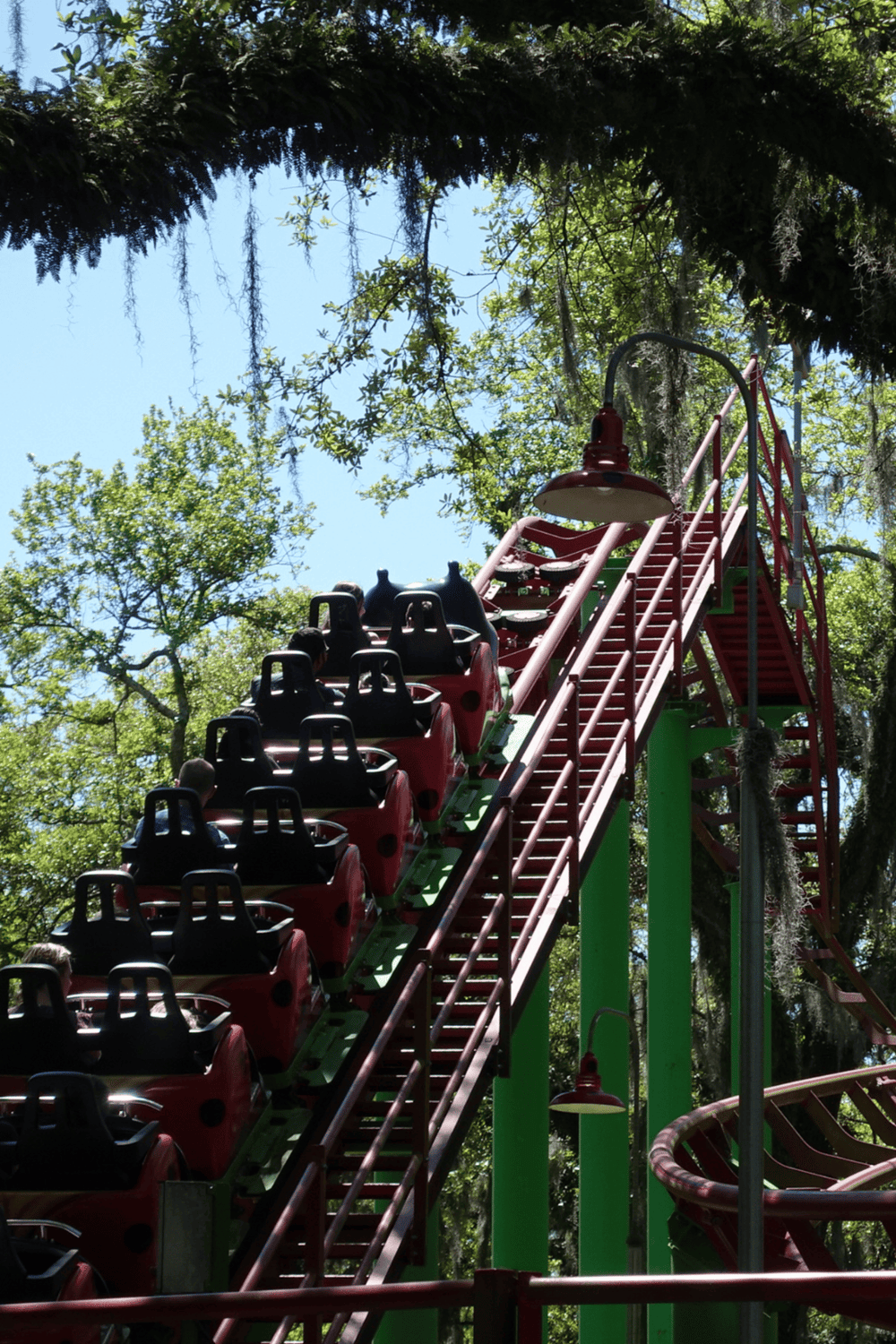 Red roller coaster ride at QuestForDirections amusement park, surrounded by lush green trees.