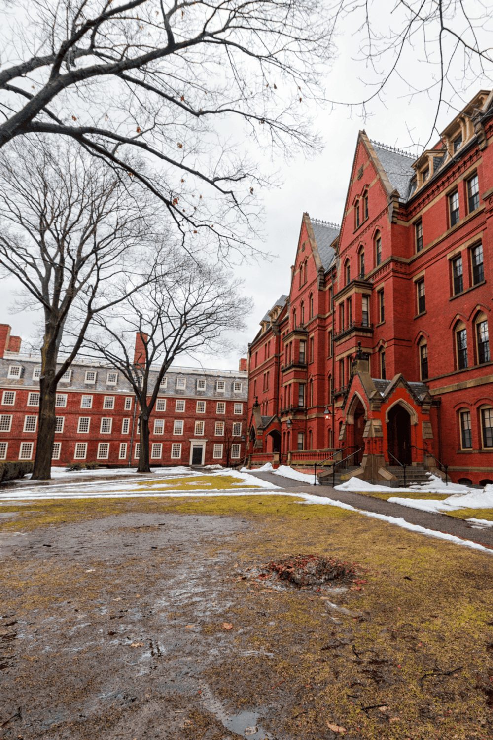 Red brick historic building on a college campus with leafless trees in winter.