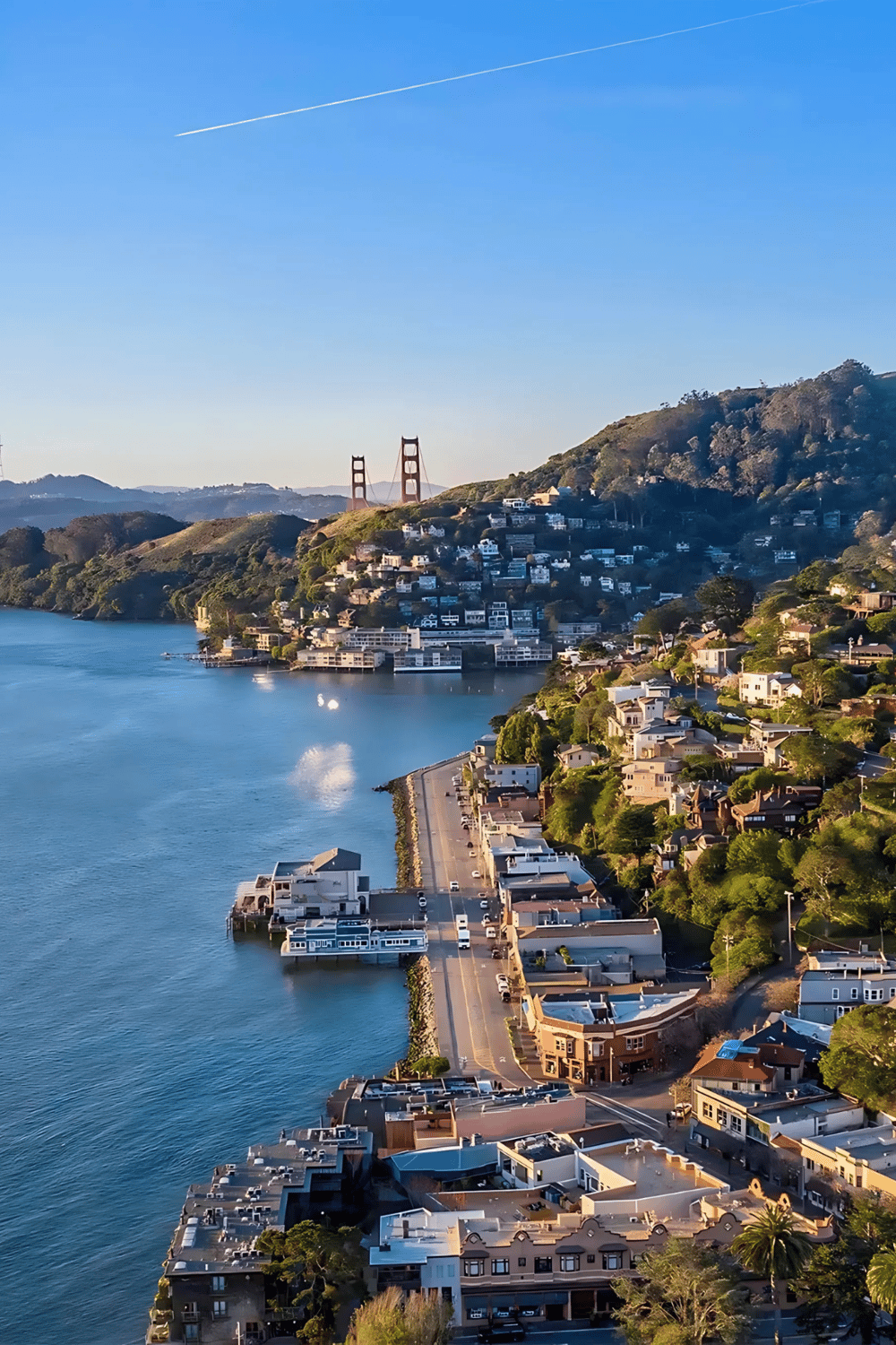 Aerial view of San Francisco skyline featuring the Golden Gate Bridge and waterfront homes.