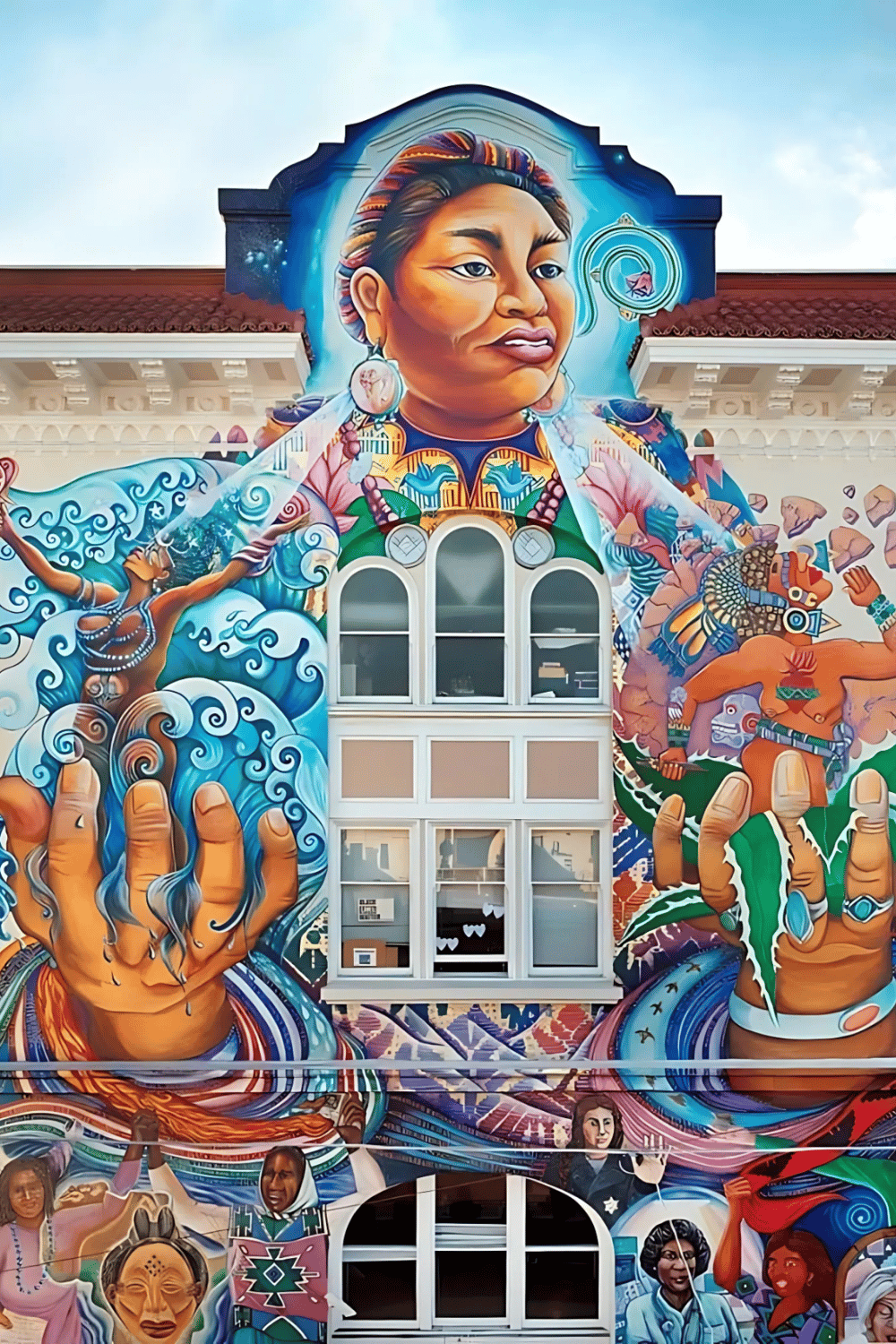 Vibrant mural of Native American woman holding water, colorful artwork on urban building wall for cultural arts.