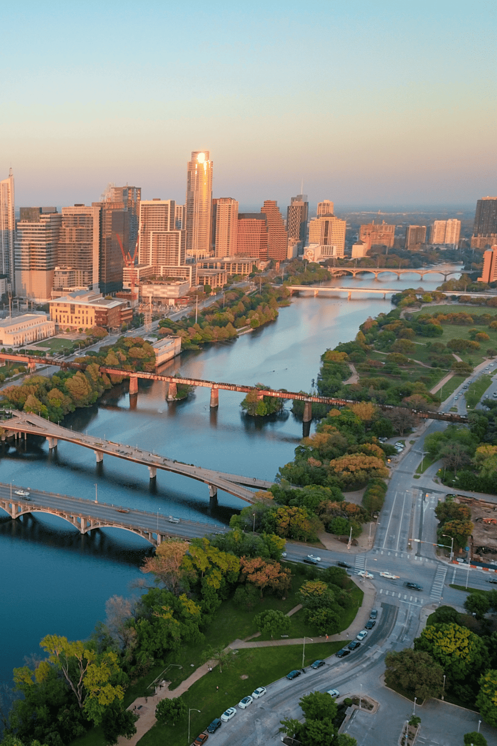 Stunning city skyline with lush parks and river views in downtown Austin, Texas.