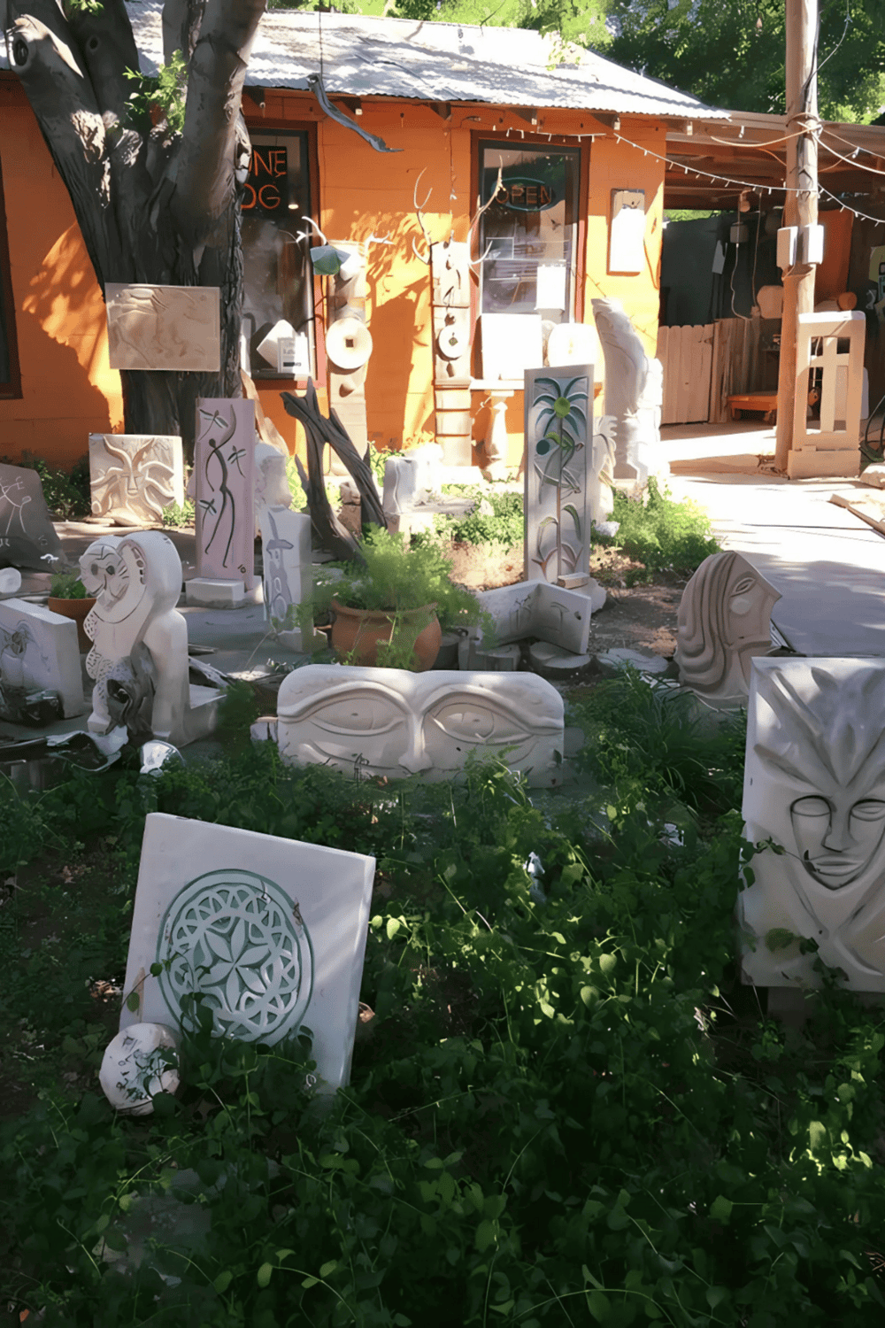 Handmade sculpture art studio with abstract and animal carvings, outdoor garden display, creative space for artistic inspiration.