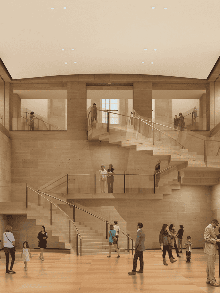 Grand staircase in modern art gallery with visitors and wooden interior design.