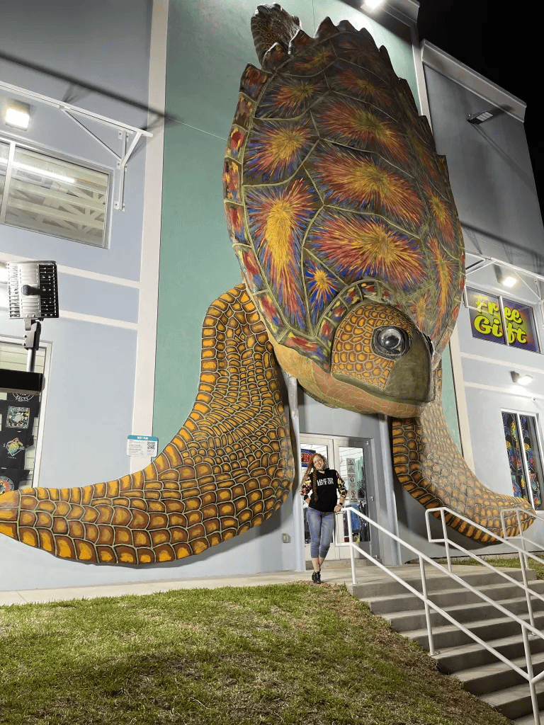 Colorful turtle sculpture at Quest for Directions, giant art installation outside location.