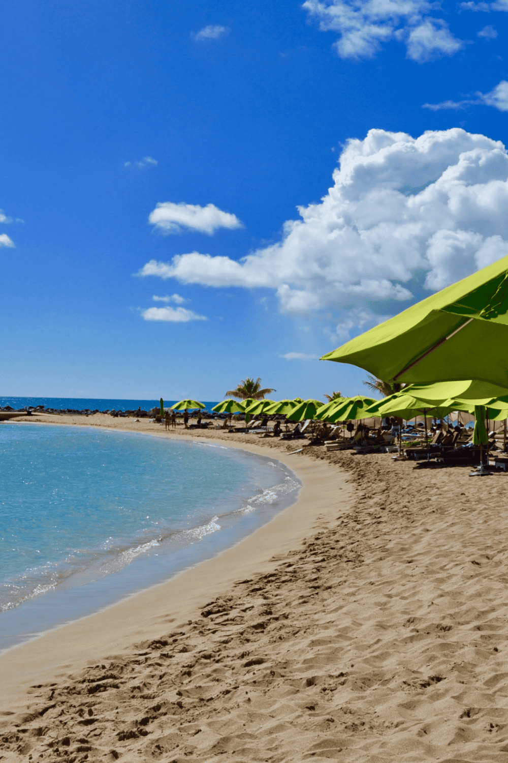 Relaxing beach scene with blue sky, white clouds, and green sun umbrellas along sandy shore.