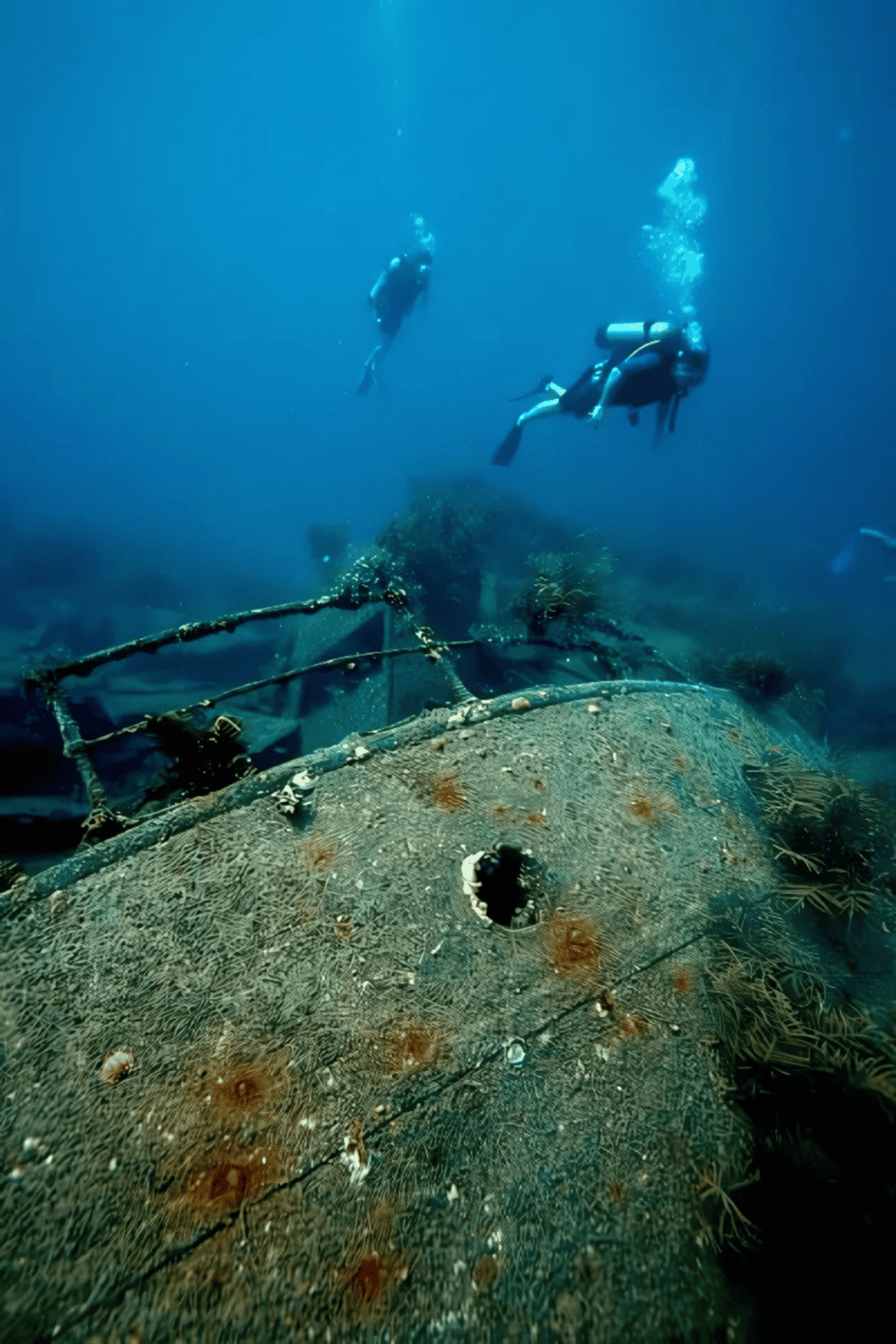Divers exploring a sunken shipwreck on a clear ocean floor for adventure tourism.