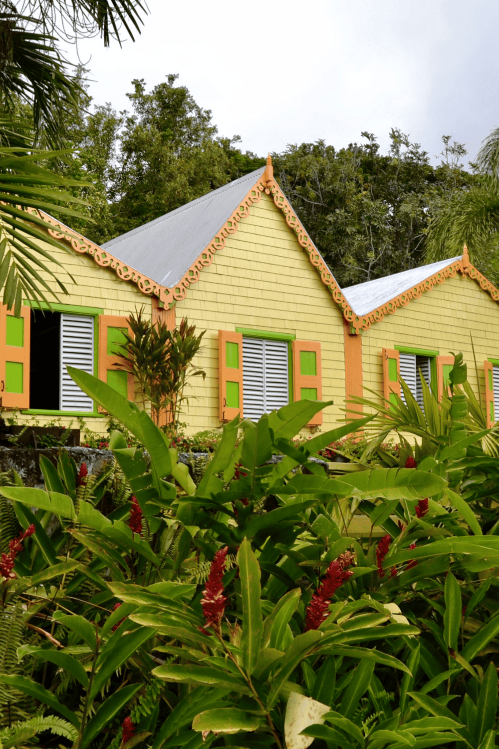 Colorful tropical house with traditional architecture amidst lush greenery and vibrant plants.