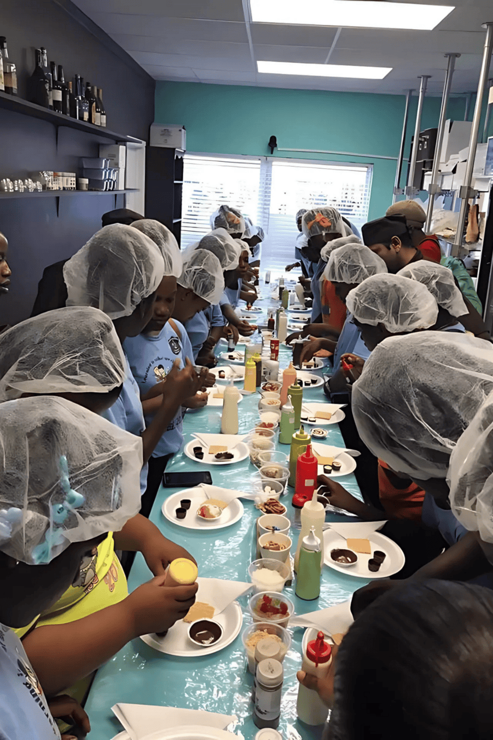 Bright bakery class with kids decorating cupcakes, hands-on activity, colorful toppings, fun learning experience.