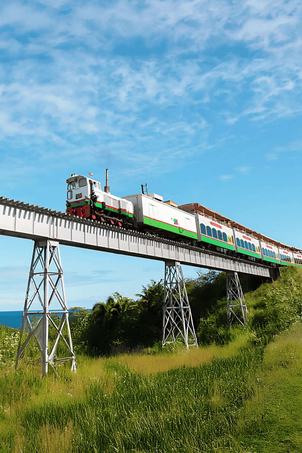 Colorful scenic train traveling on an elevated track over lush greenery under a bright blue sky.