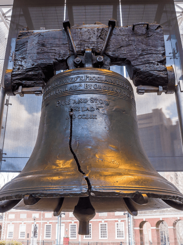 Battle of Independence Liberty Bell, symbolic of American history and freedom, displayed at Independence Hall in Philadelphia.