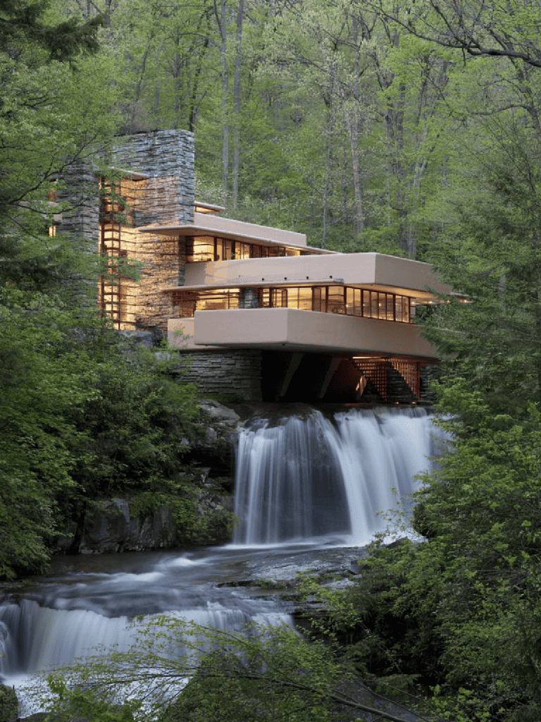 Modern house with waterfall in lush forest setting.