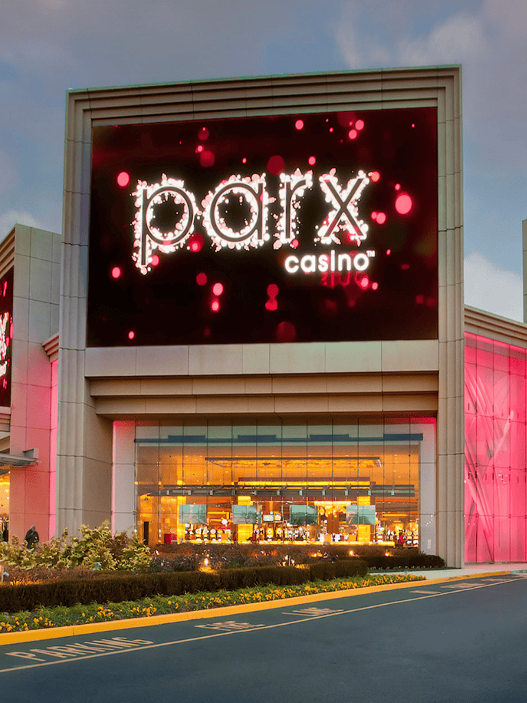 Luxury casino and entertainment venue at parx casino with vibrant digital signage and modern architecture.