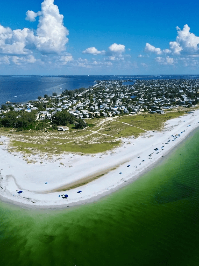 Aerial view of beachside neighborhood with white sandy beach and green waters.