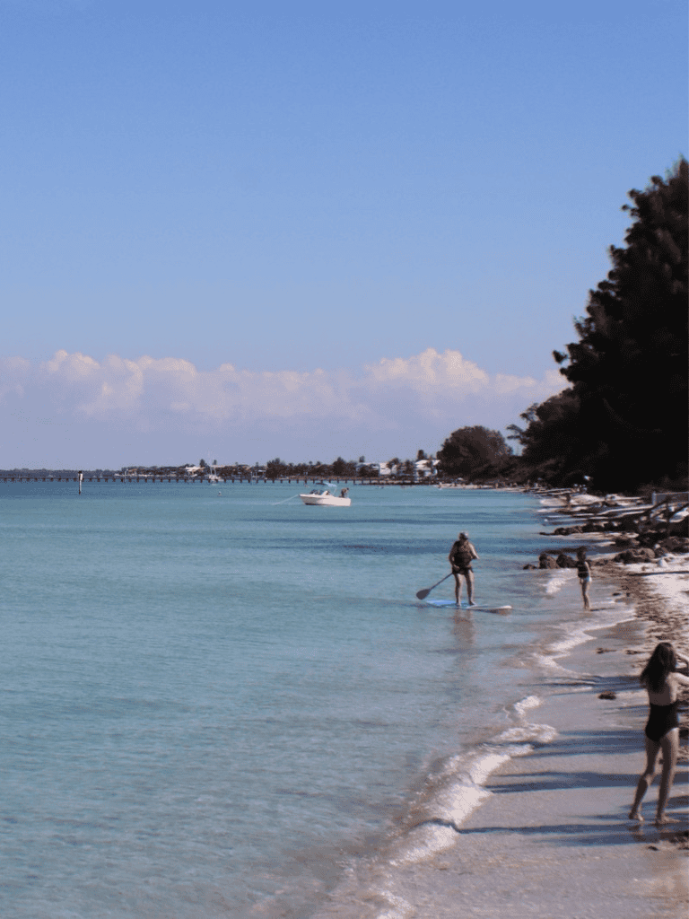 Quiet beach scene with paddleboarding and relaxing visitors along the shore on a sunny day.