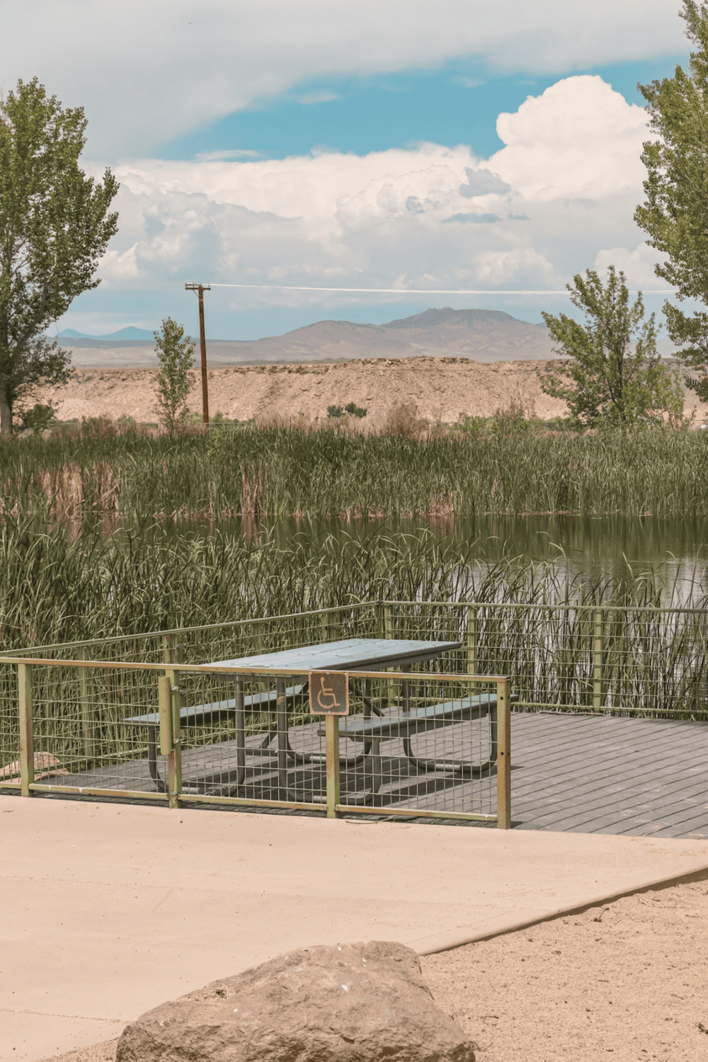 Tranquil pond with accessible picnic area, lush greenery, and scenic mountain views in the background.