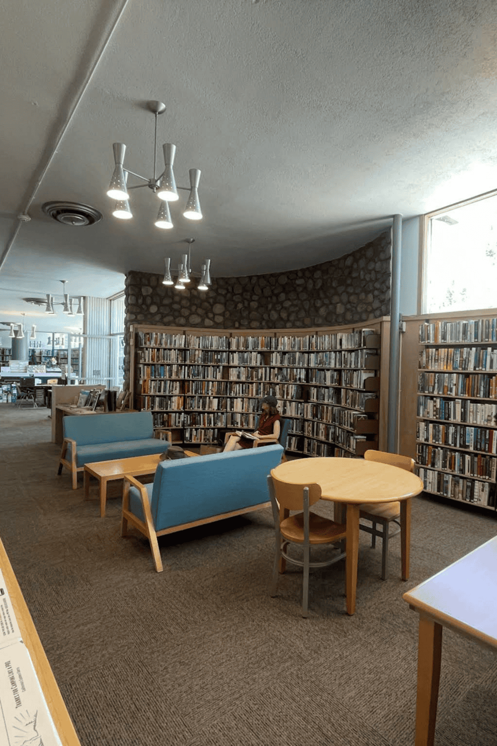 Quiet library reading area with bookshelves, comfortable seating, and natural light for studying and relaxation.
