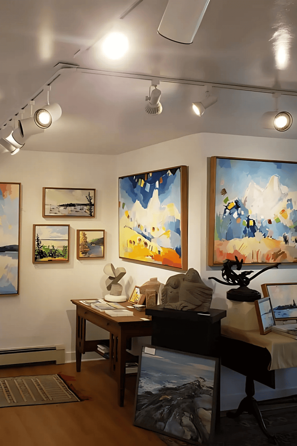 Colorful mountain landscape paintings displayed in an art gallery or studio, highlighting local scenery and artistic craftsmanship.