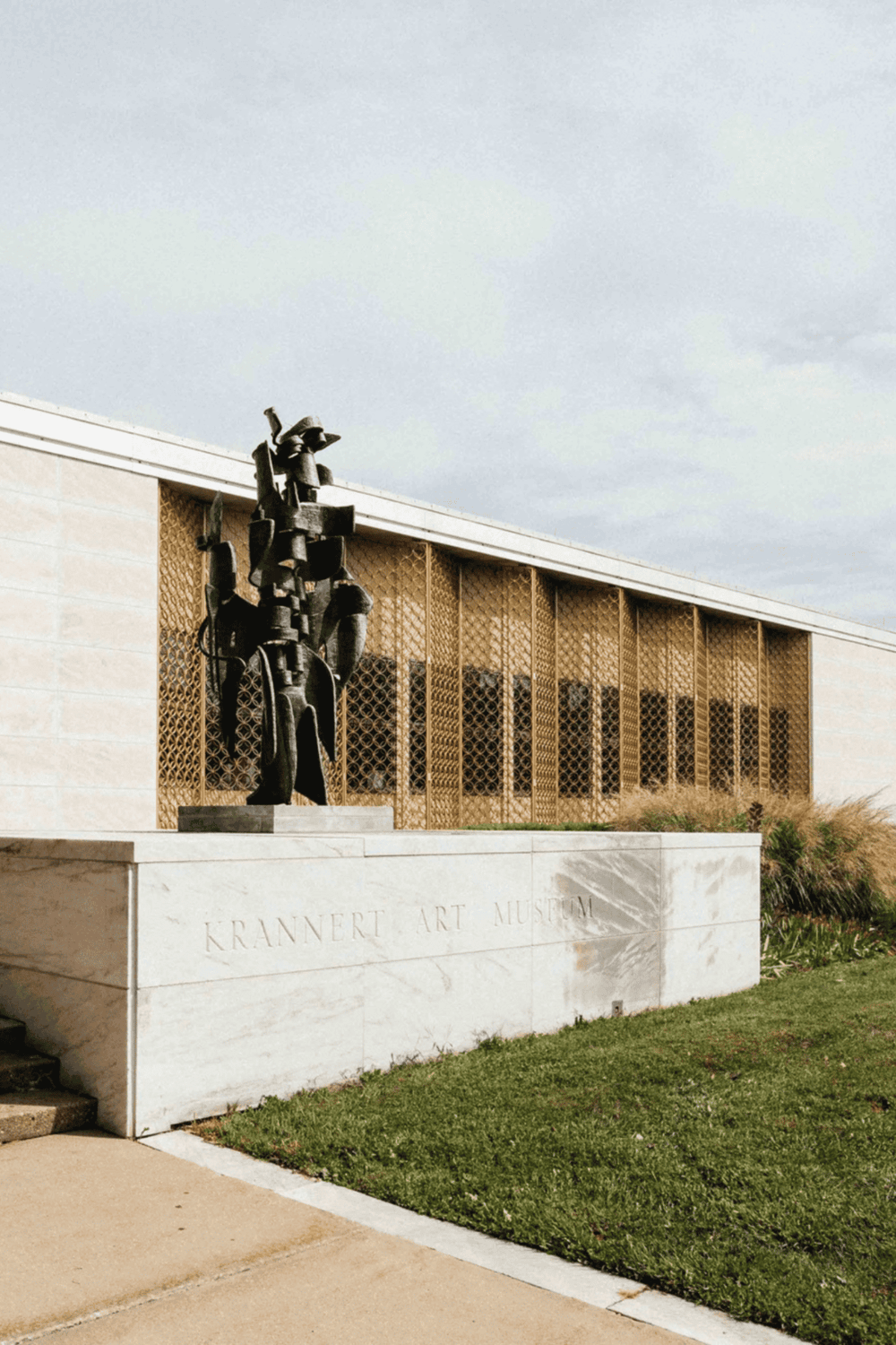 Contemporary art sculpture at Krannert Art Museum, showcasing modern architectural design and outdoor exhibit.