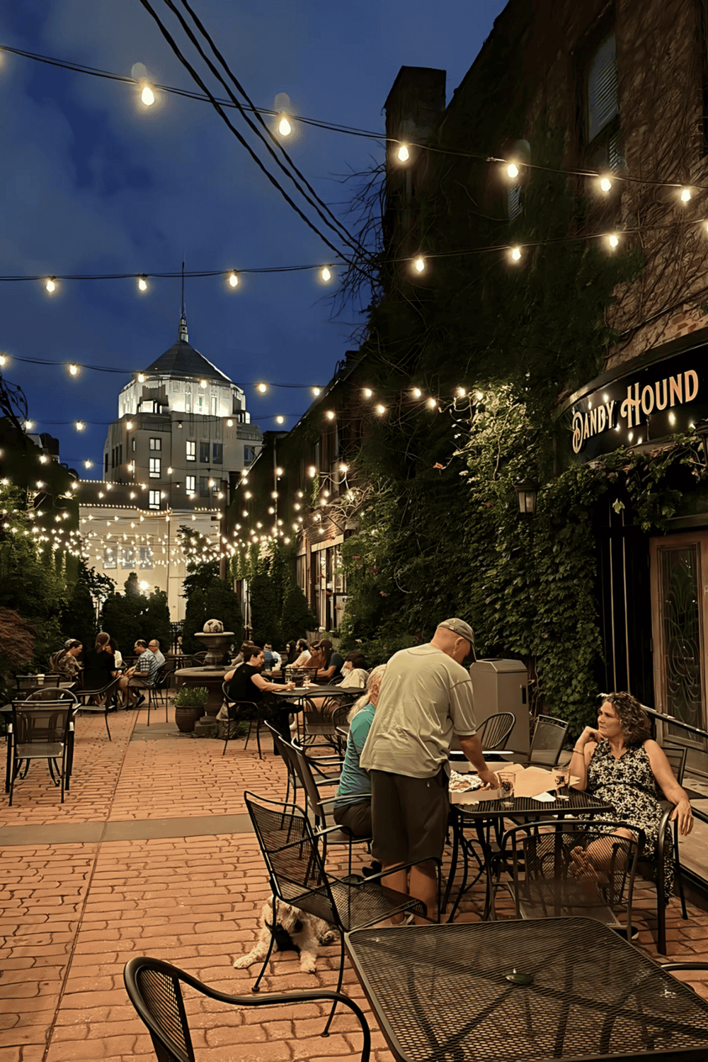 Cozy outdoor dining at Dandy Hound with string lights, urban skyline, and people enjoying evening meals.