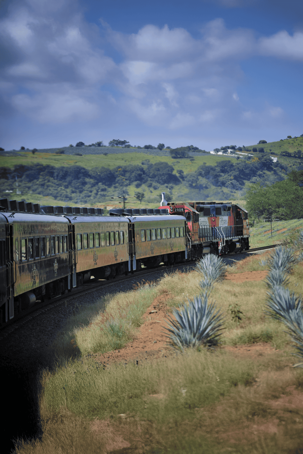 Vivid scenic train journey through lush green landscape and rolling hills, capturing scenic train travel experience.