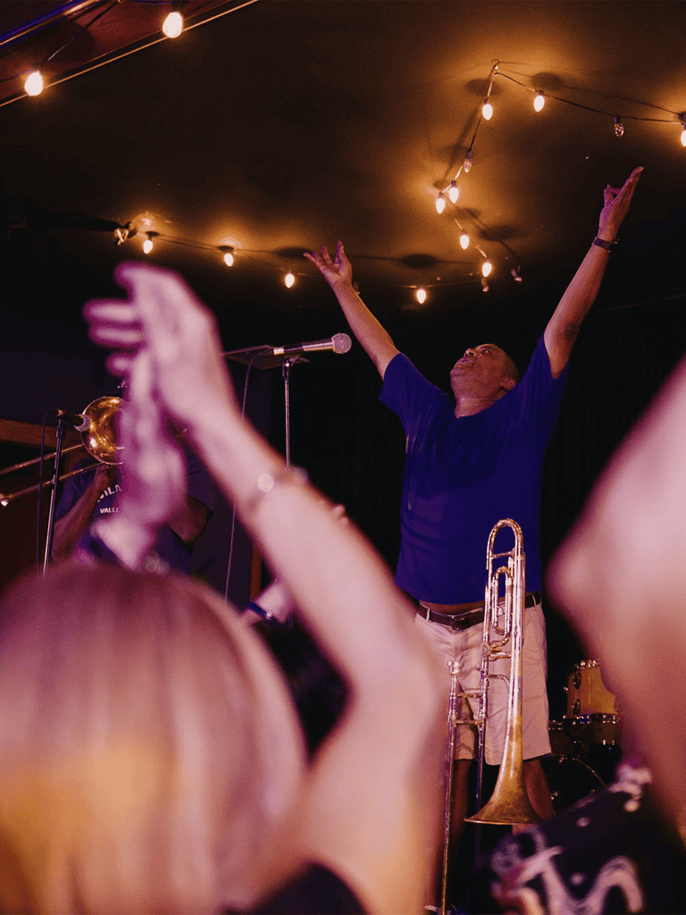 Energetic live music performance with a trumpet and joyful audience engagement.