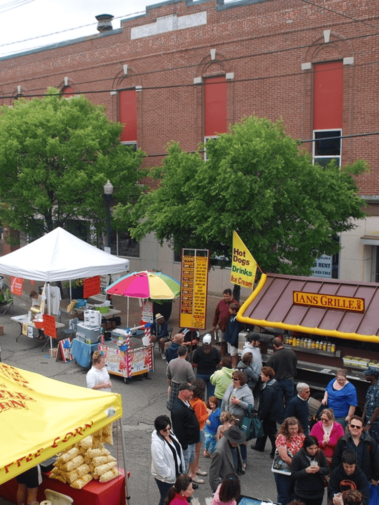 Vibrant street fair with food vendors, crowds, and outdoor activities in downtown area.