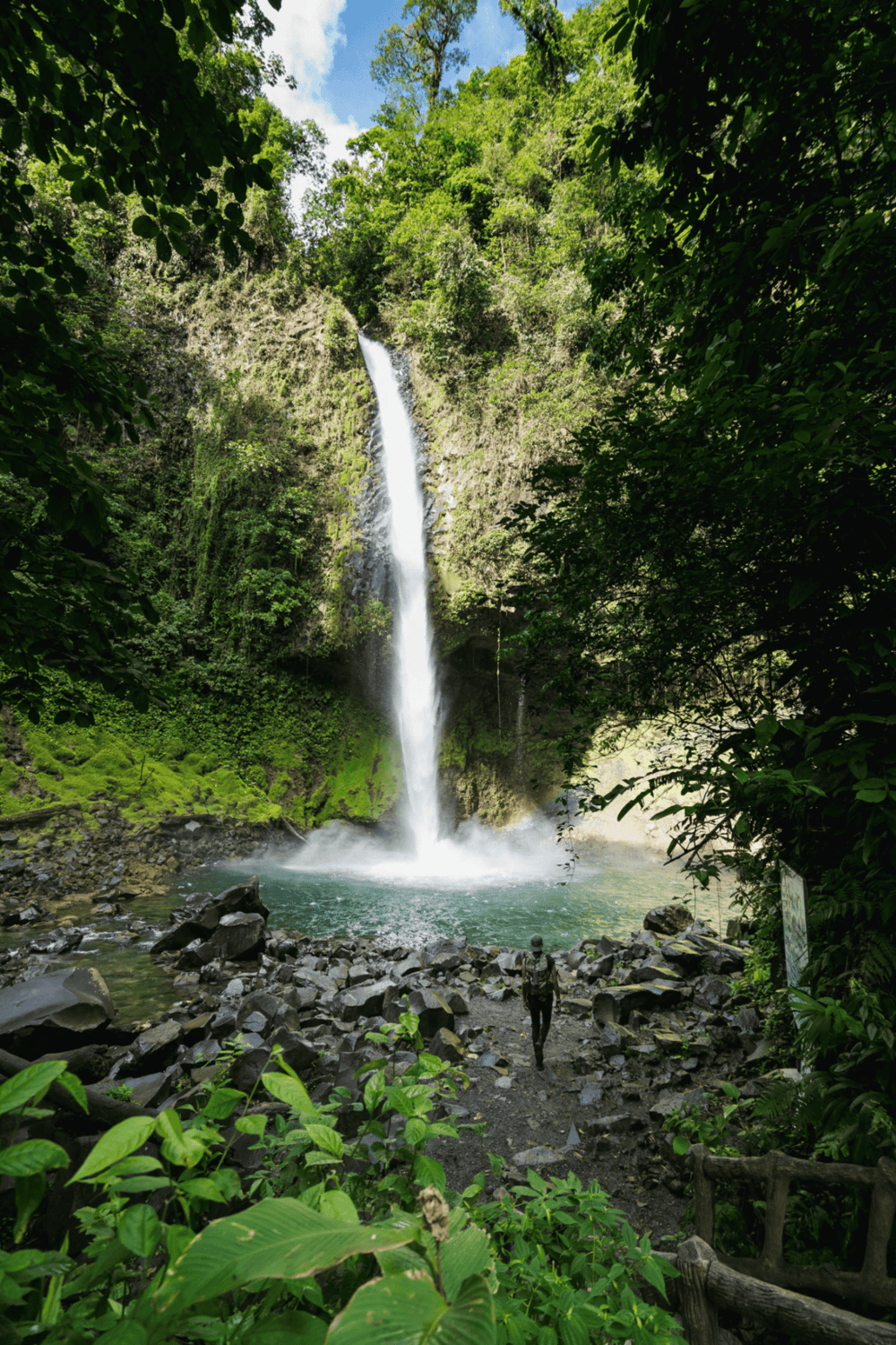 Vibrant waterfall in lush green jungle, adventure travel, scenic nature hike, tropical rainforest explore.