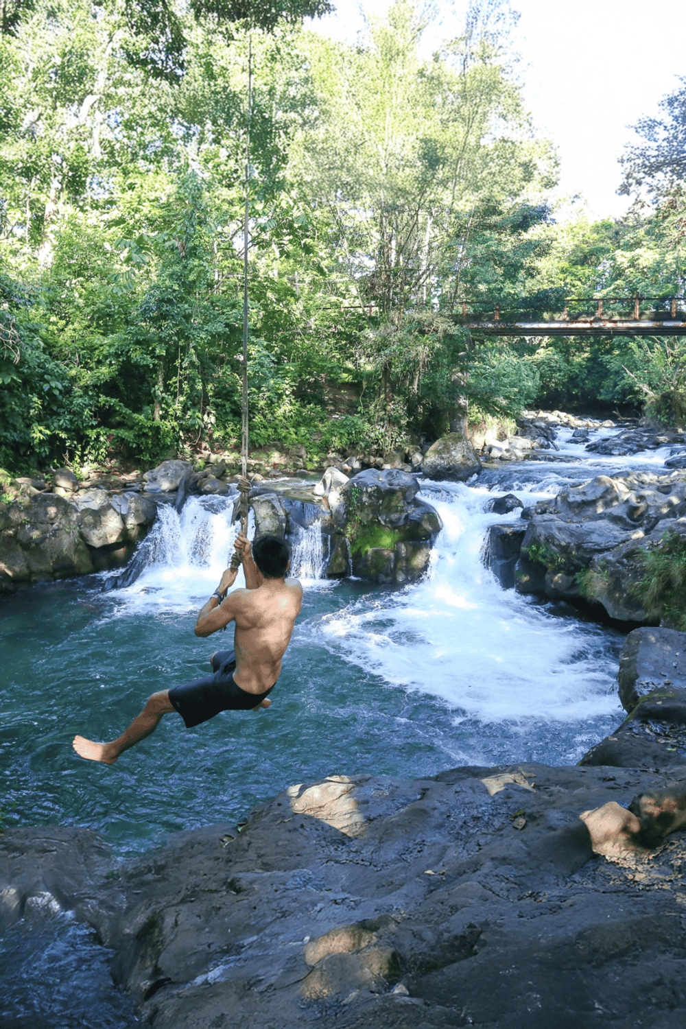 1. Man swinging on rope over waterfall in lush green forest, adventure travel destination.