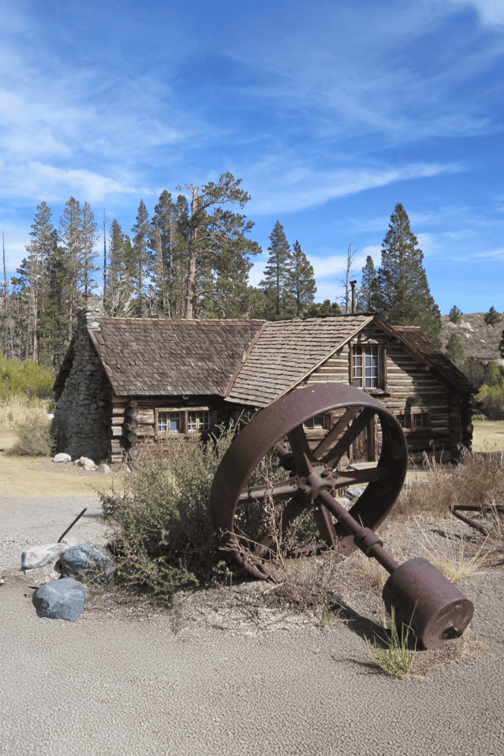 Rustic log cabin with chimney in a forested area, surrounded by trees and clear blue sky.