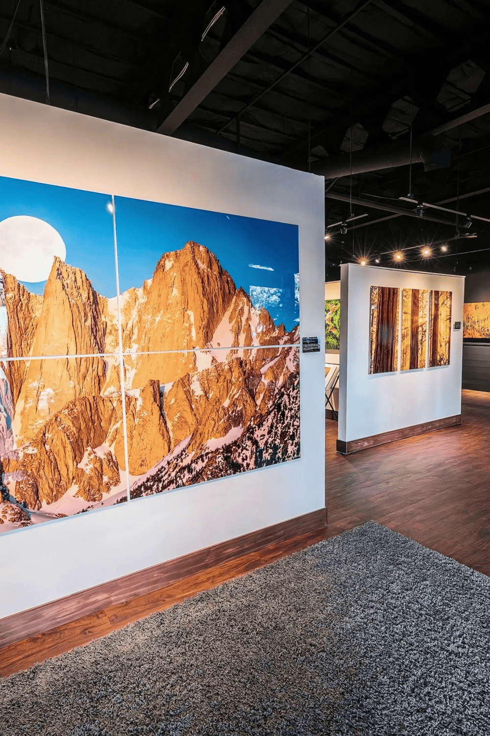 Vivid landscape photo of mountain peaks displayed in an art gallery, emphasizing exploration and adventure.