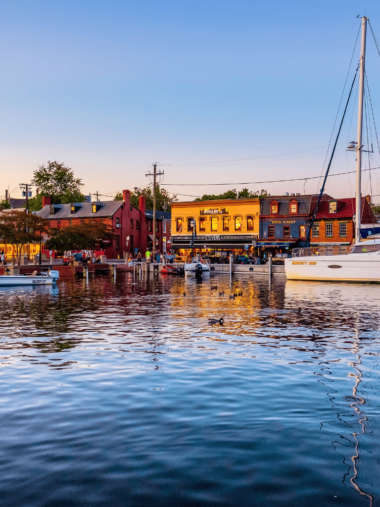 Colorful waterfront town with boats, historic buildings, and lively streets at sunset.