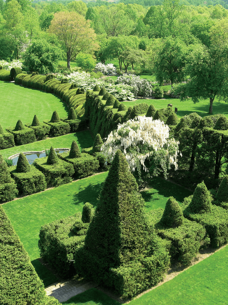 Lush green formal garden with neatly trimmed topiary hedges and blooming trees in a scenic outdoor setting.