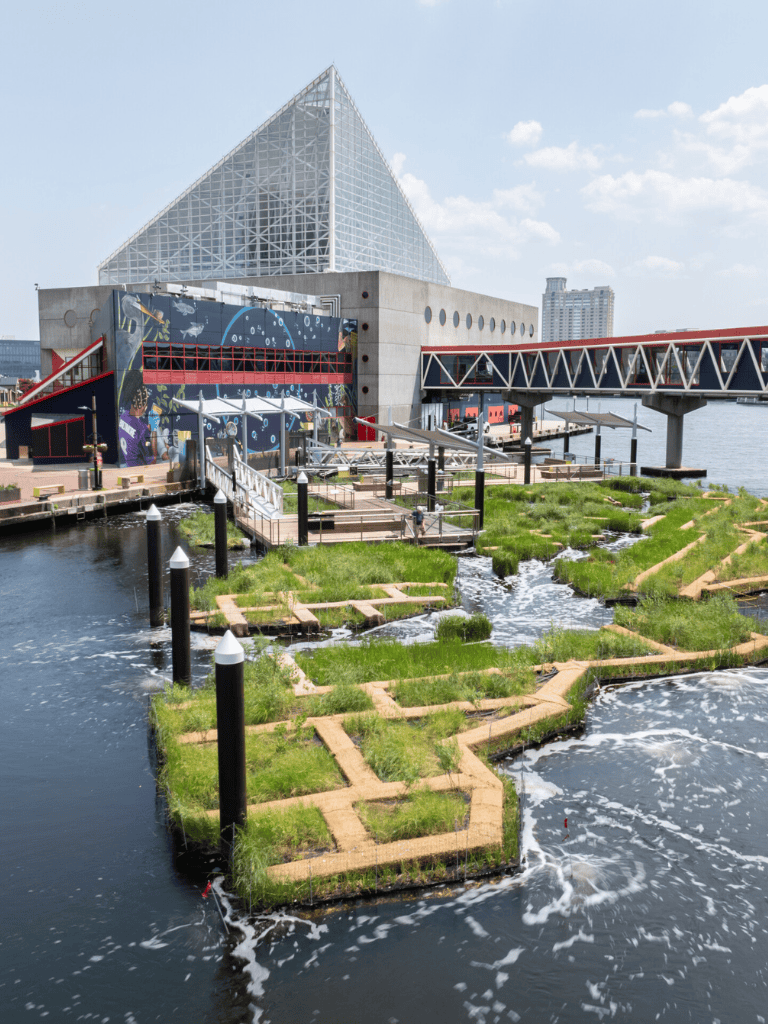 Modern waterfront building with innovative architecture and lush green pathways.