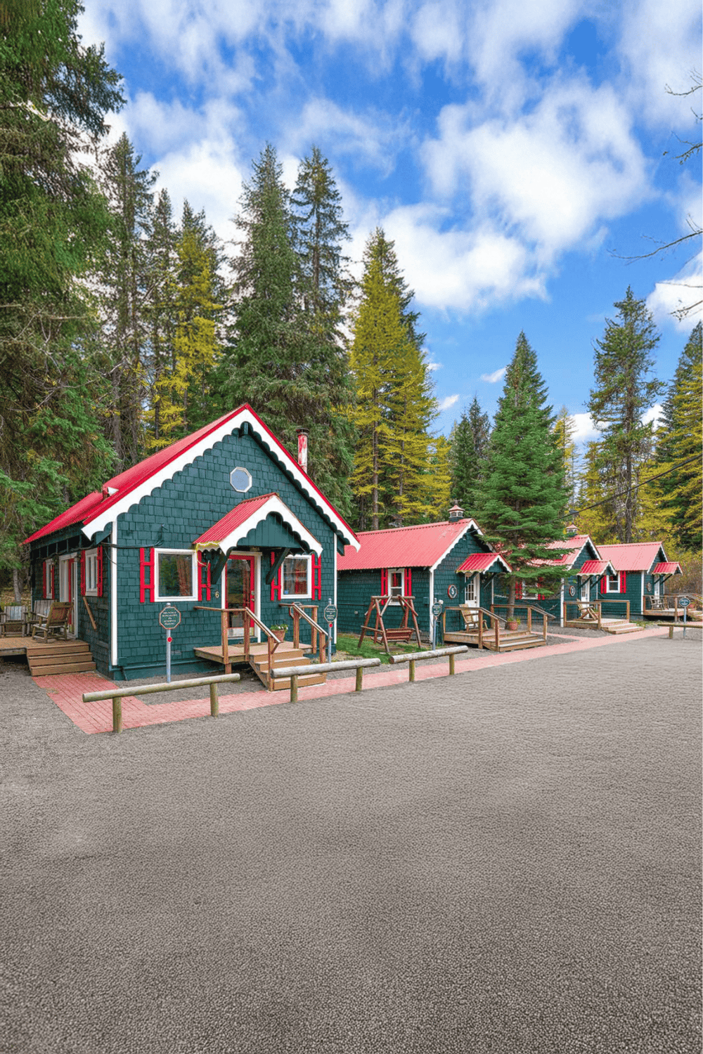 Charming colorful cabins in a forest setting, ideal for nature retreats and outdoor adventures.