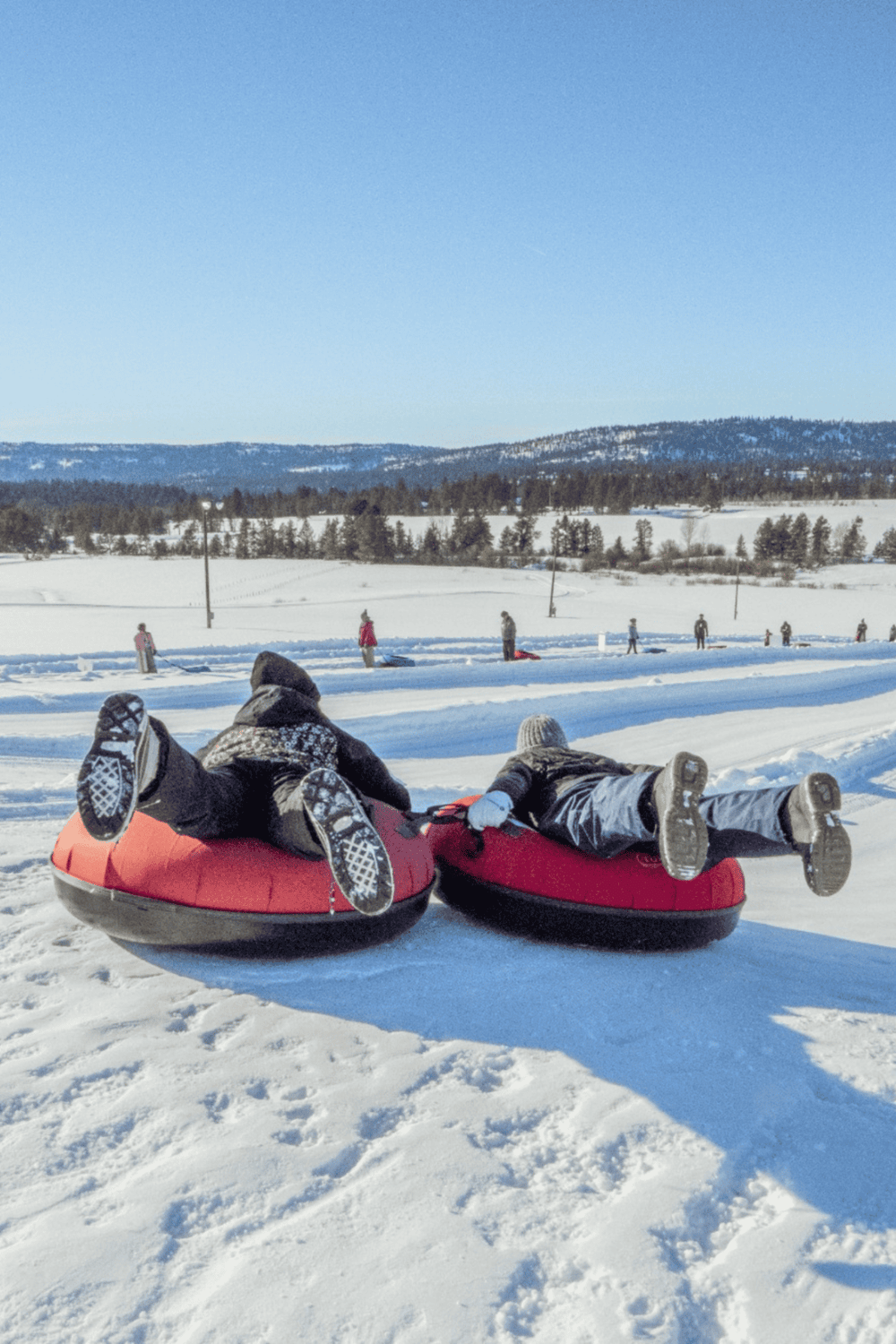 Snow tubing adventure in a winter landscape with multiple people enjoying snow tubing activities.