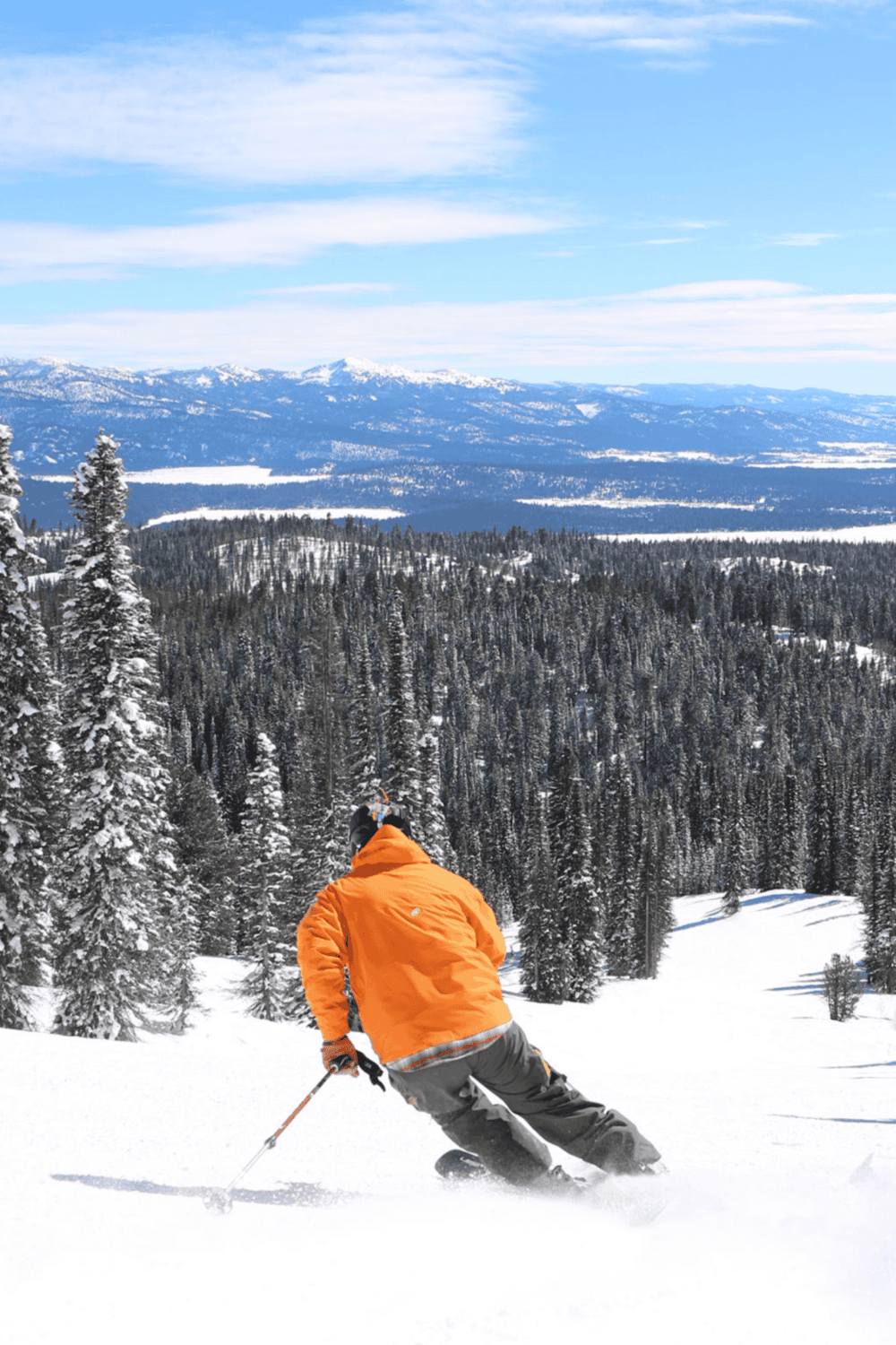 Skiing in snowy mountains with forested landscape and clear blue sky, adventure travel at QuestForDirections.