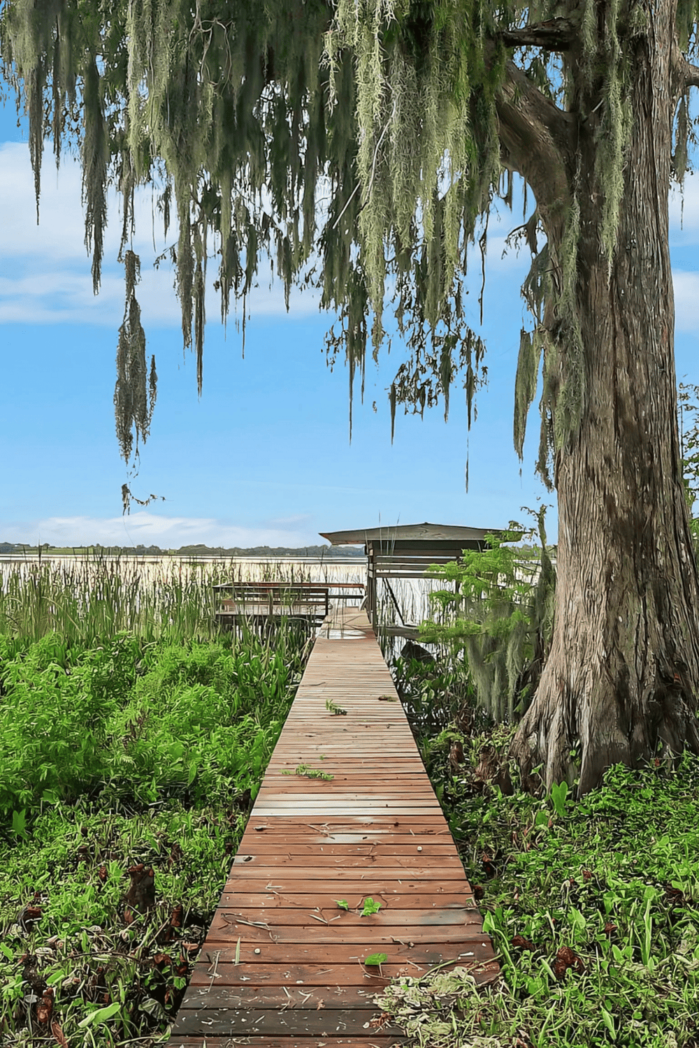 Floating dock leading to a boat house in a lush wetland with moss-draped tree.