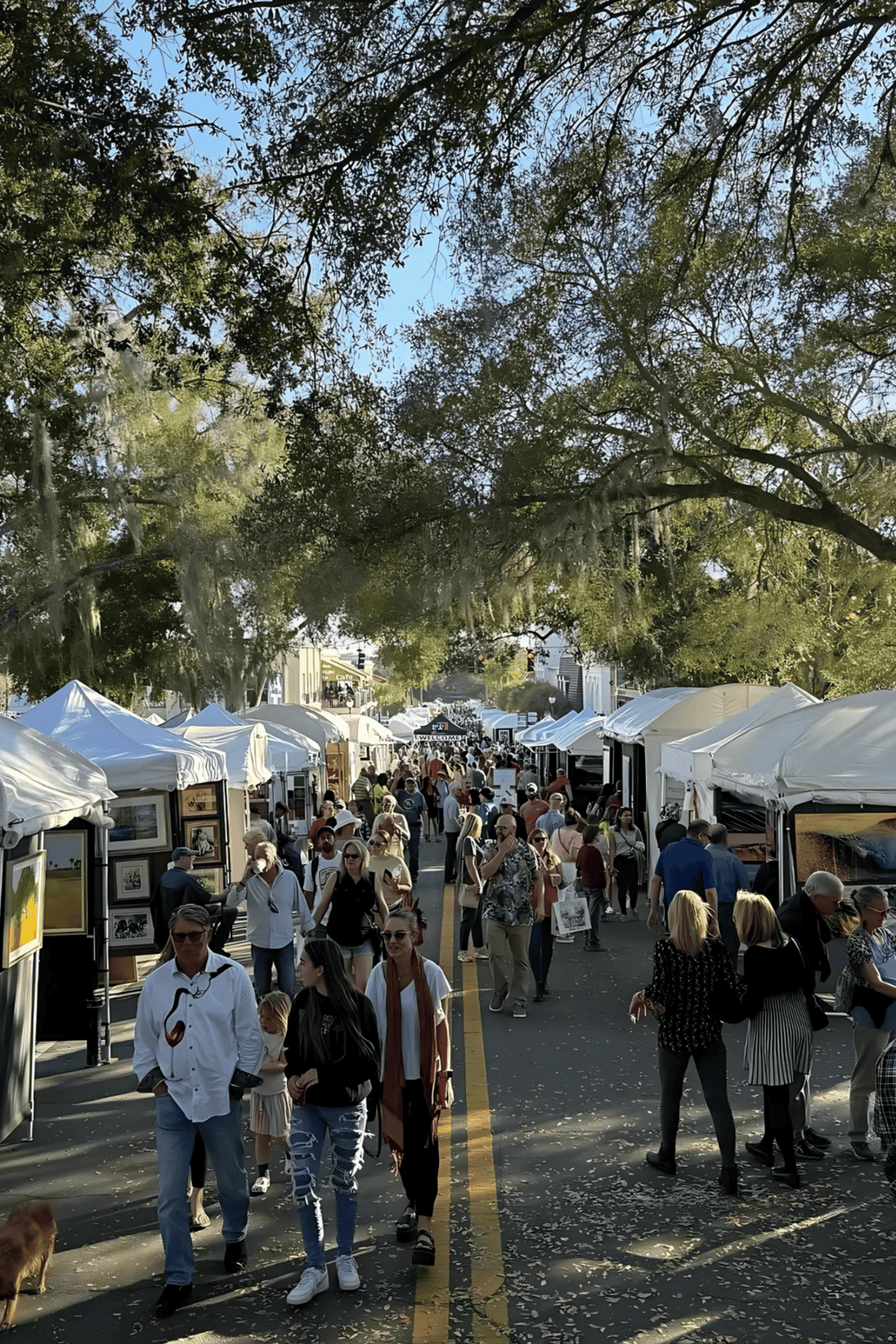 Colorful outdoor marketplace at Quest For Directions art fair with vendors, art displays, and diverse visitors.