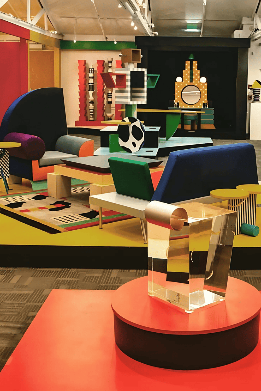 Colorful modern interior design with creative furniture and artistic decor for inspiring office or workspace.