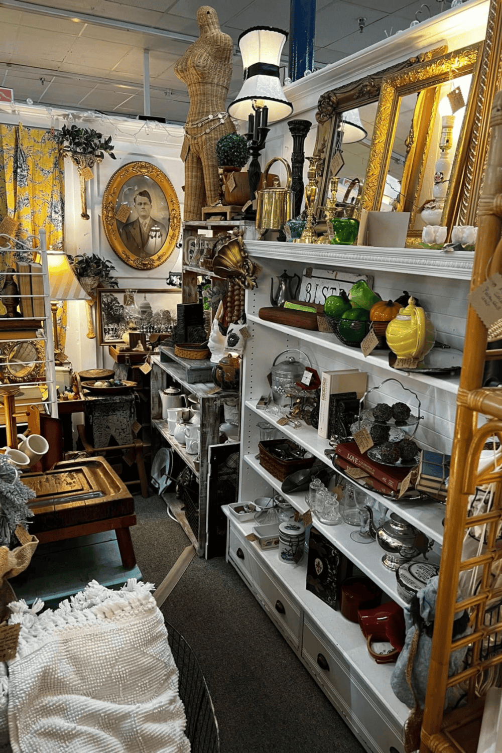 Vintage thrift store with antique home decor and decorative accessories.