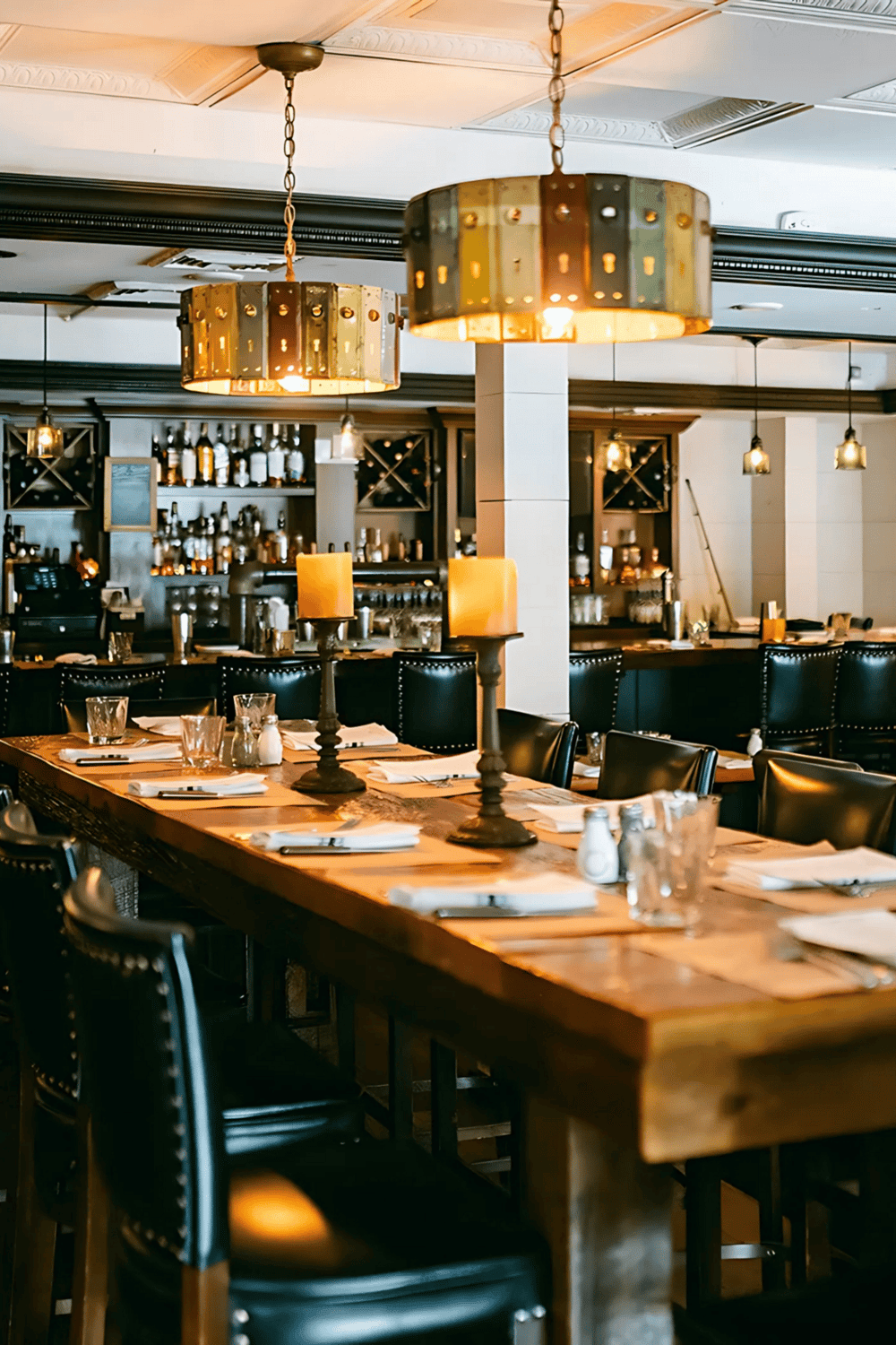 Warm inviting restaurant interior with modern lighting and a cozy dining atmosphere.