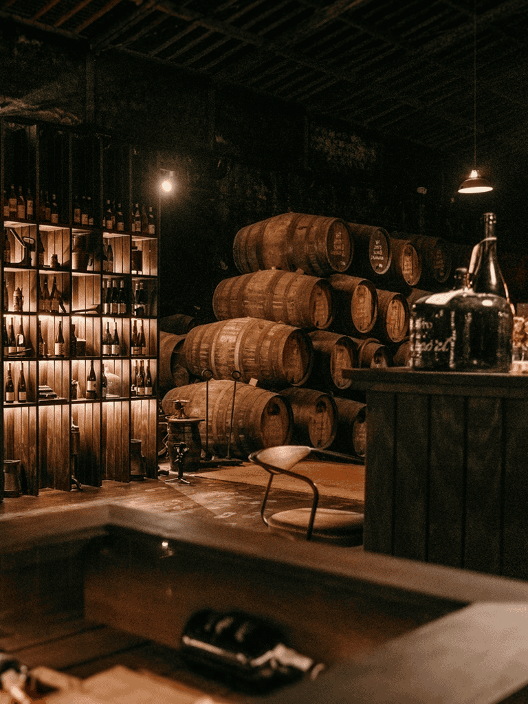 Warm cozy basement with wine barrels and rack of bottles, vintage style bar setting.