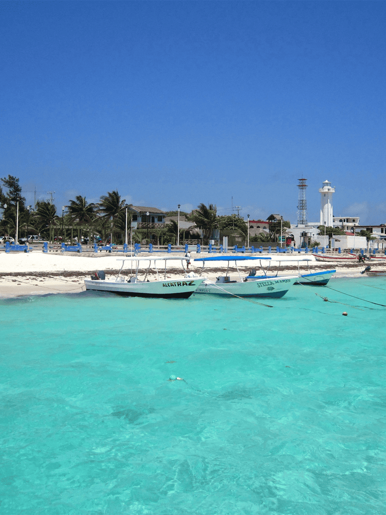 Colorful boats docked at a tropical beach with clear turquoise waters and a charming seaside town in the background.