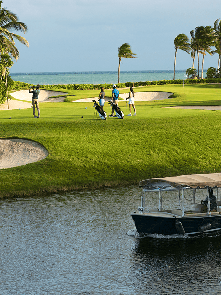 Luxury golf course overlooking ocean with players and caddies, near water and palm trees in tropical setting.