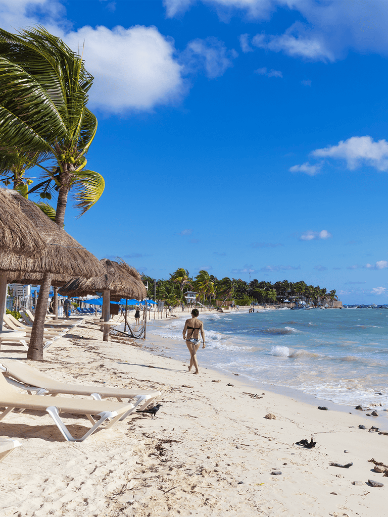 Tropical beach with clear blue sky, palm trees, and relaxing lounge chairs at a seaside resort.