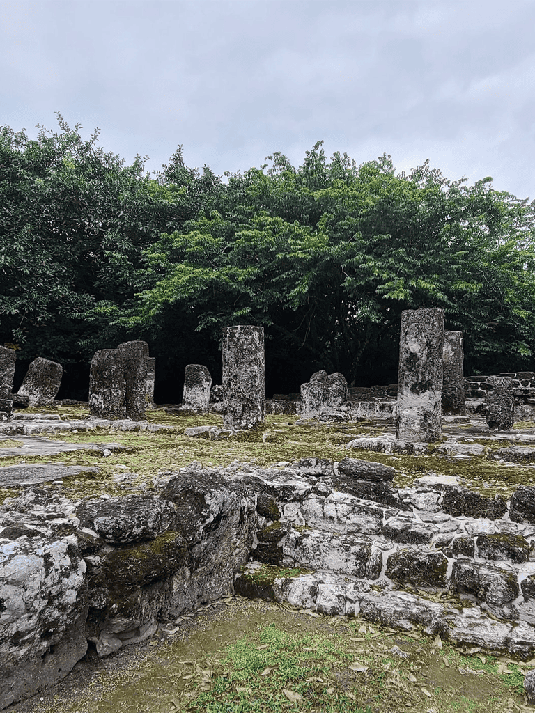Ancient Mayan ruins with stone columns and lush greenery in the background.