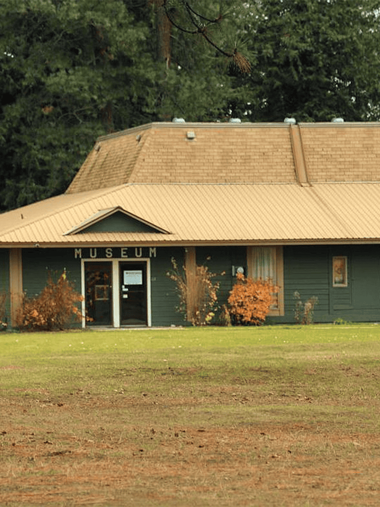 Historical museum building with green exterior and autumn foliage in front.