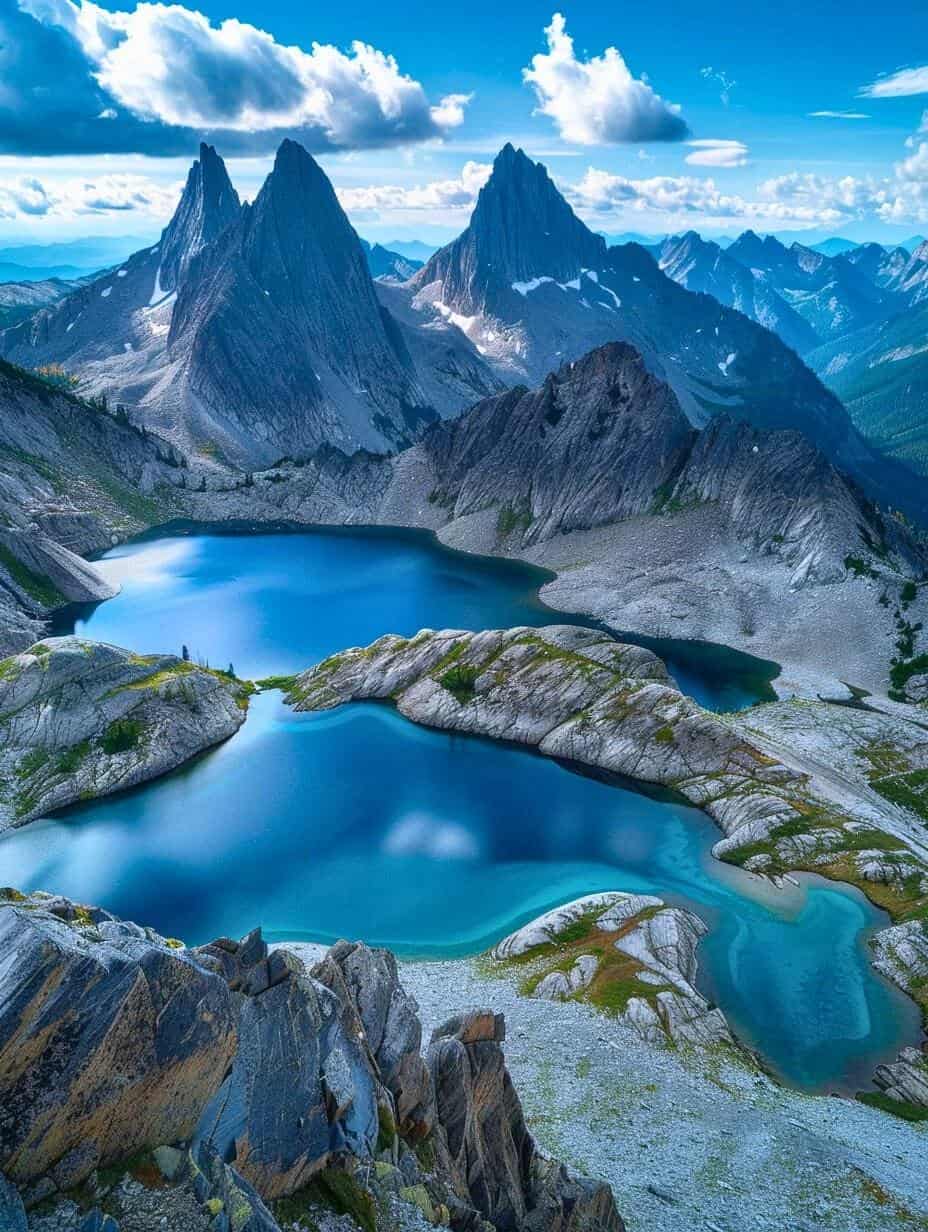 Stunning mountain landscape with glacial lakes and towering peaks, ideal for outdoor adventure and travel exploration.