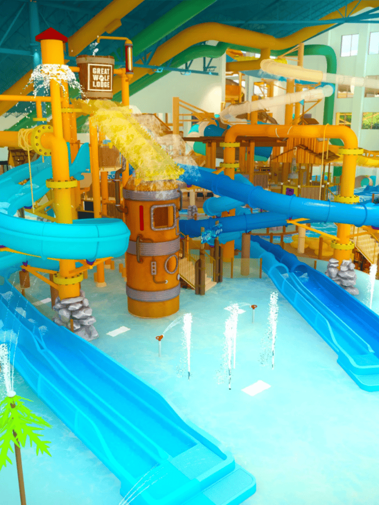 Colorful indoor water park with multiple slides and water attractions at QuestForDirections.